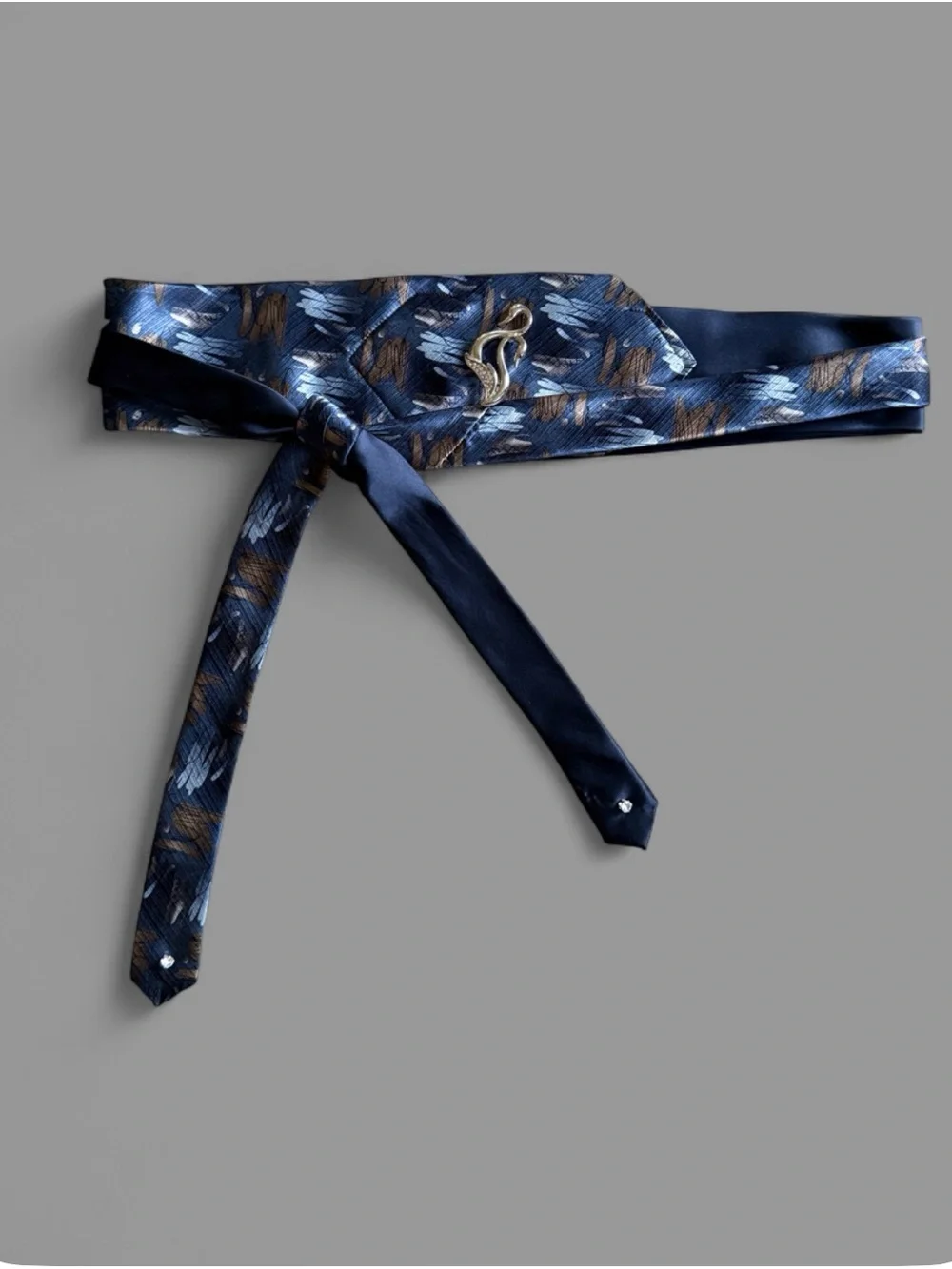 Re-styled Silk Necktie Belt, hidden pocket, swan pin, empowered, Art Deco, Chic